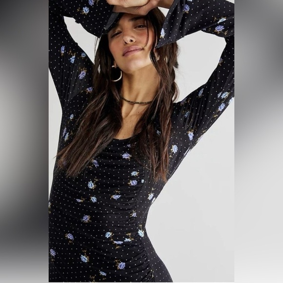 FREE PEOPLE CELIA MINI DRESS BLACK POLKA DOT BLUE FLORAL SIZE SMALL - Picture 5 of 10